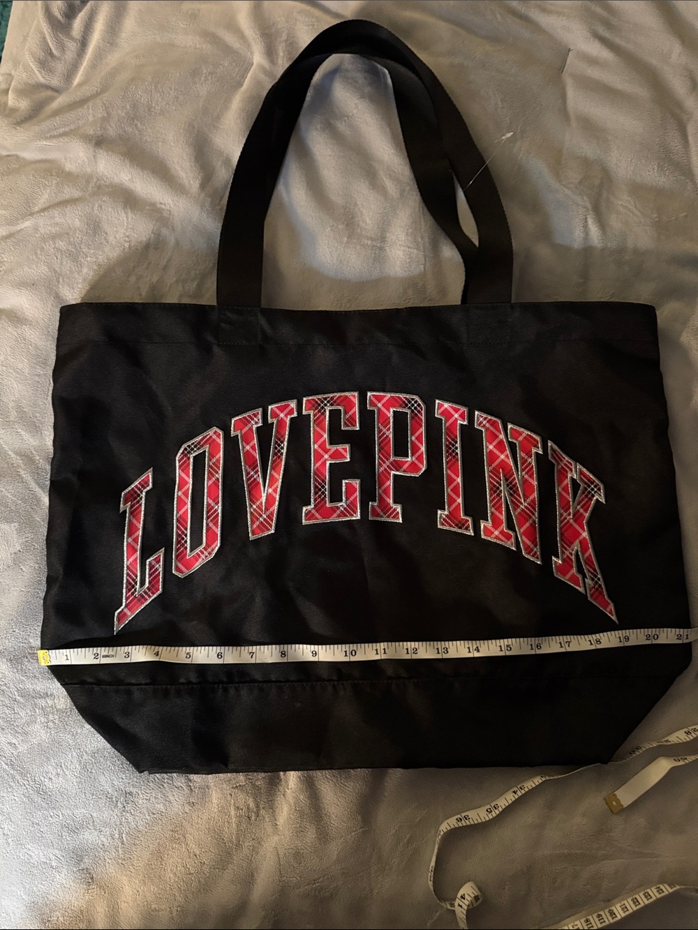 Victoria’s Secret PINK LOVE PINK Tote Bag Black Plaid Logo - Picture 2 of 7